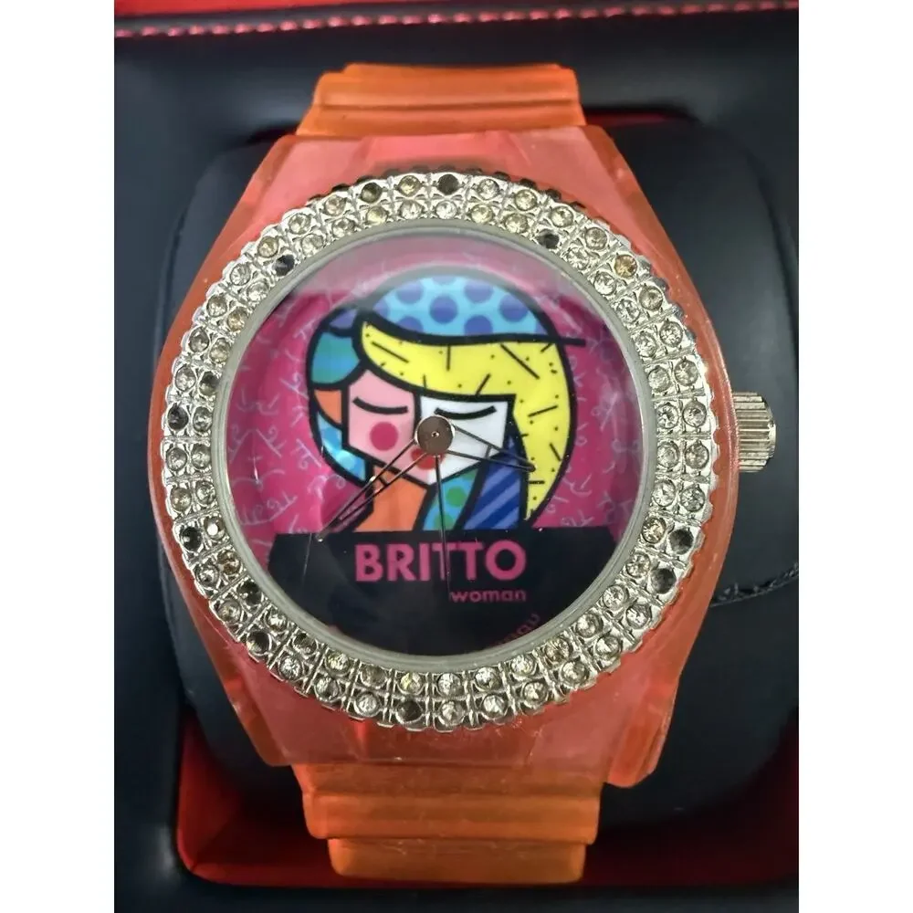 Romero Britto Woman Watch Orange Jelly Strap Rhinestone Bezel Untested